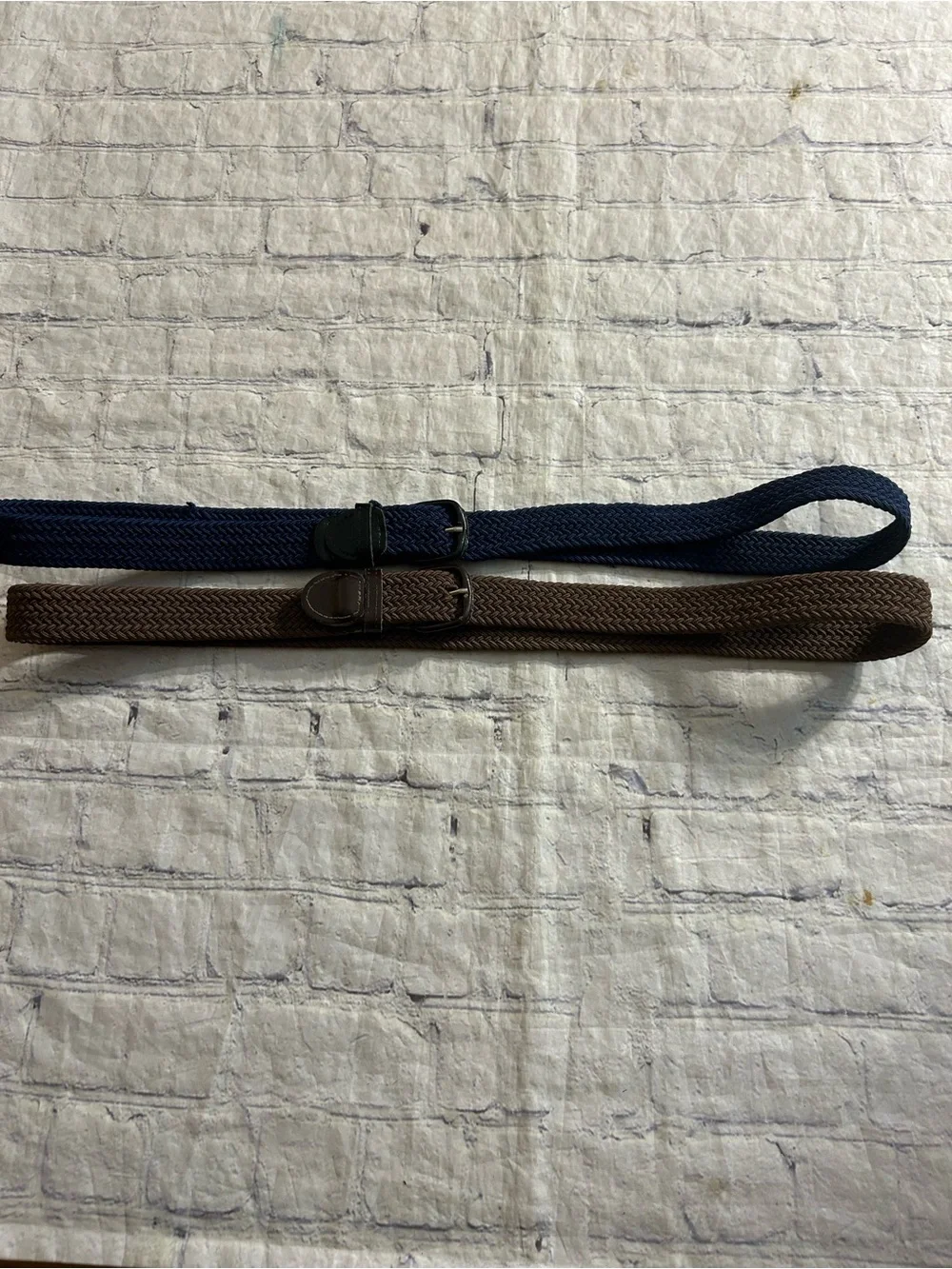 VINTAGE BROWN AND NAVY WITH LEATHER COVERED BUCKLES MEN STRETCH BELTS